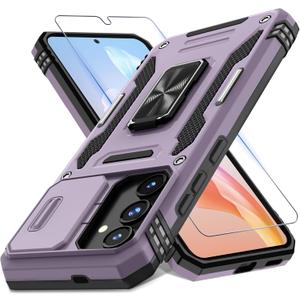 DEERLAMN Case for Samsung Galaxy S25 6.2-Inch with Slide Camera Cover+Screen Protector (1 Pack), Rotated Ring Kickstand Military Grade Shockproof Protective Cover-Deep Purple