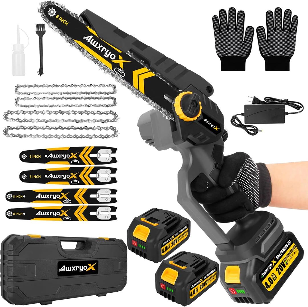 8" & 6" Mini Chainsaw Brushless, 2025 Upgraded 2x4.0AH Battery Portable Handheld Small Cordless Saw with 4 x Guide Plate, Electric Hand Saw Motosierra for Wood/Tree Cutting Gardening Pruning