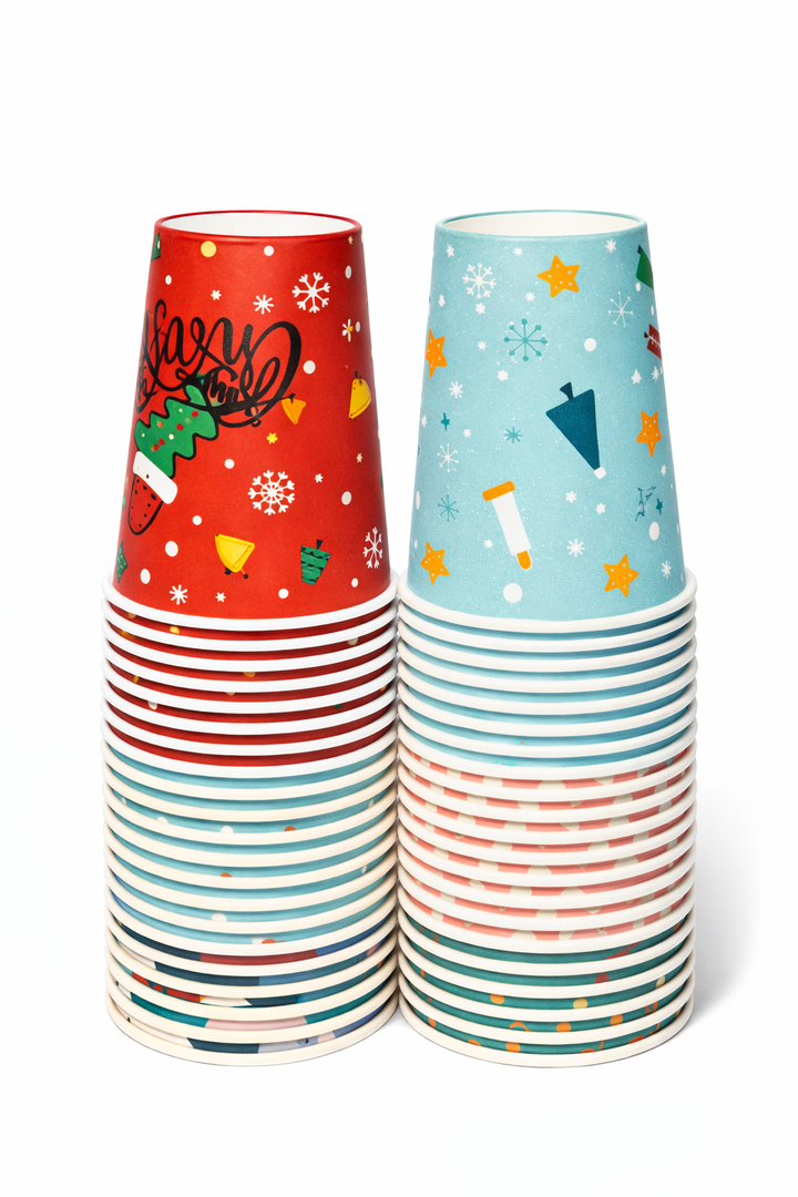 Disposable Paper Coffee Cups  12 oz, 48 Pcs with 6 Xmas Designs: Christmas Tree, Reindeer, Snowflakes. Perfect for Hot & Cold Drinks at Christmas Dinner or Winter Party