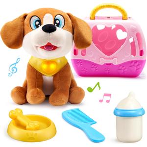 JOYIN Dog Toys for Toddlers, Play Puppy Toy with Carrier & Accessories, Plush Dog with Interactive Button, Lights & Sounds, Pet Care Set for Kids 1 2 3 4 Years Old, Birthday Gifts for Girls