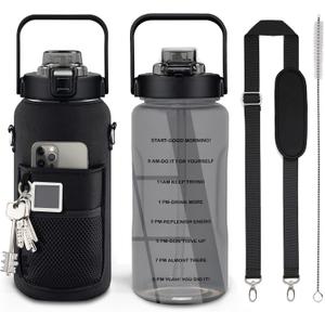 Half Gallon Water Bottle with Sleeve, 64OZ Motivational Water Bottle with Straw & Time Marker, BPA Free Leakproof Large Sports Water Bottle, Reusable Water Jug for Workout Gym Sport (Black)