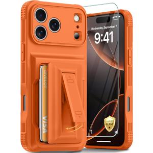 GIVELOT for iPhone 17 Pro Max Case with Card Holder4-5 Cards[9H Screen Protector ][Full Camera Protection][RFID Blocking][Hidden Kickstand]Rugged Heavy Duty Wallet Case for iPhone 17 Pro Max, Orange
