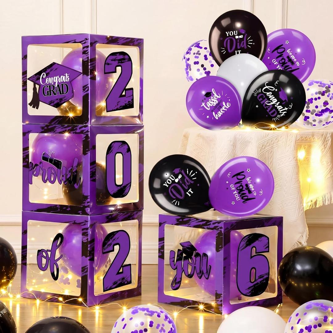 Woanger 44 PCS Graduation 2026 Box Decoration - Congrats Grad Party Box Set with LED Light Strings & Balloon Proud of You Party Supplies for Class of 2026 School College(Purple)