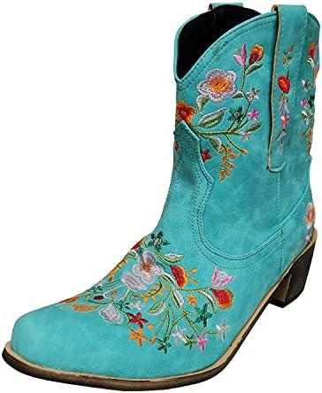 gloryinterest Cowboy Boots for Women Ankle Cowgirl Boots Western Flower Embroidered Square Toe Chunky Heel Stitched Retro Black Brown Red Blue Yellow Purple US5.5-10.5