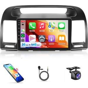 4Core 2G+64G Android Car Stereo Carplay for Toyota Camry 2000 2001 2002 2003 2004 2005 2006, Rimoody 9 Inch Touch Screen Car Radio with GPS WiFi Bluetooth FM Mirror Link Android Auto Backup Camera