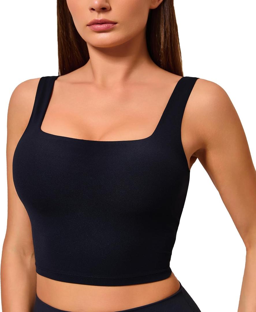 Oalka Women's Square Neck Sports Bra Longline Padded Cropped Yoga Tank Workout Top Camisole Black, L