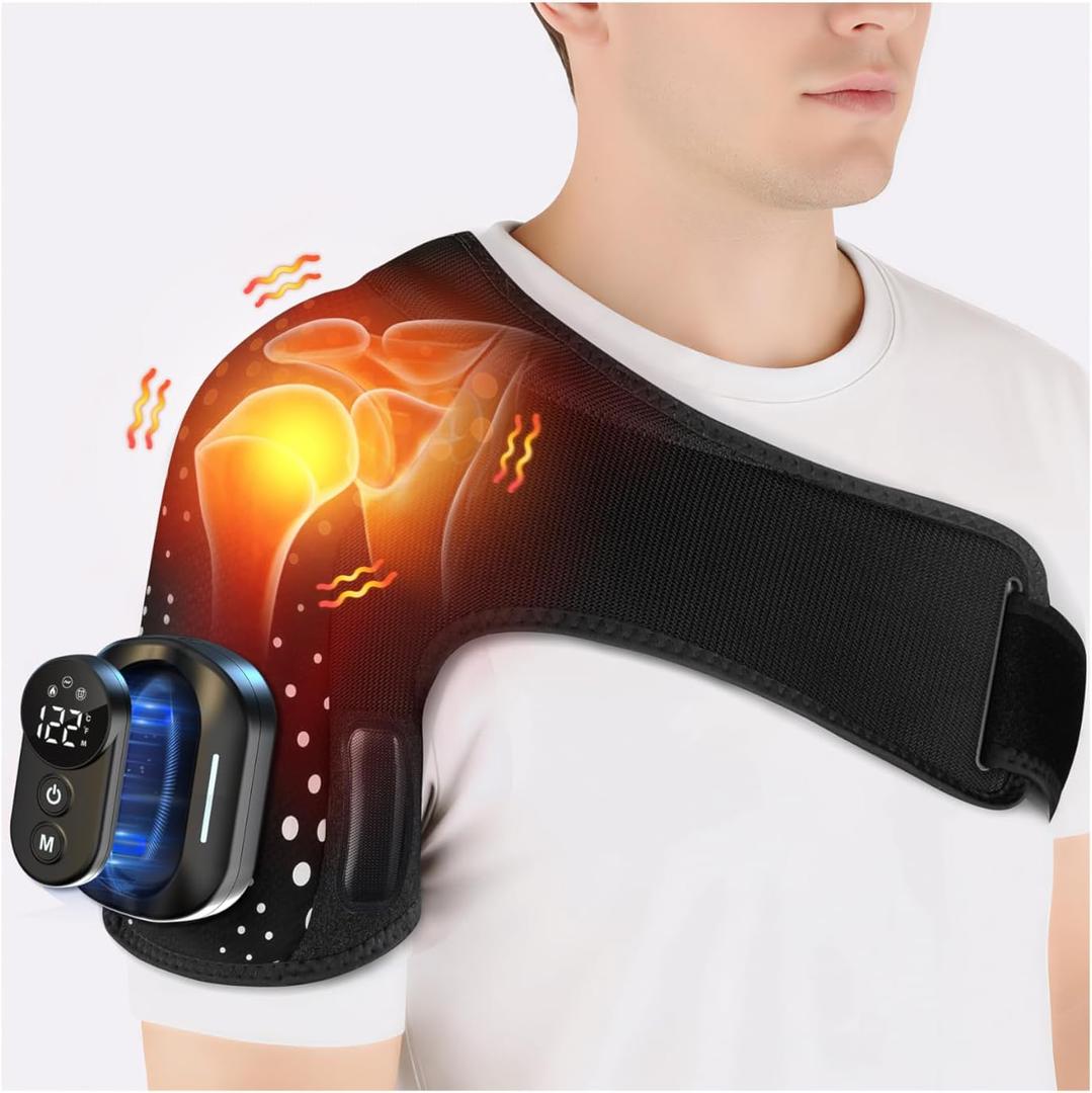Shoulder Heating Pad with Massager, Shoulders Massager with Heat, Portable Shoulder Brace with Magnetic Detachable Remote Control, 5 Heat & 5 Vibration Modes, Adjustable Size for Men and Women