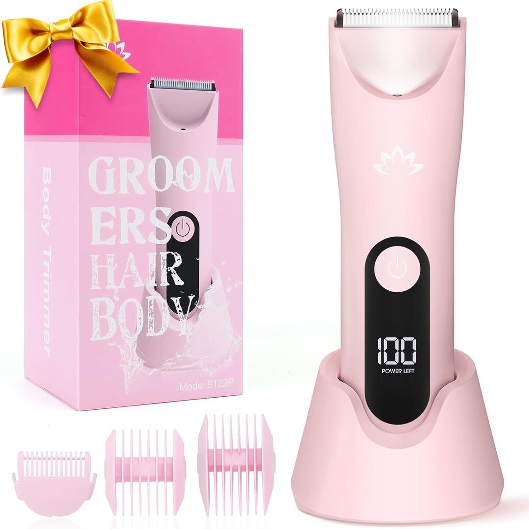 Bikini Trimmer for Women,Cordless Pubic Hair Trimmer,IPX7 Waterproof & LED Display Ladies Electric Razors Body Hair Trimmers for Underarm Leg Arm,Gifts Pink