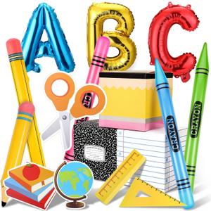 Kathfly 16 Pcs Back to School Themed Party Decorations with ABC Giant Pencil Crayon Balloons Paper Stickers for First Day of School Kindergarten Graduation Classroom Party Supplies