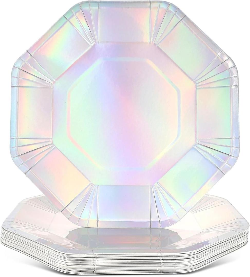 BLUE PANDA 24 Pack Holographic Paper Plates, 9 Inch Octagon Iridescent Holographic Plates, Disco Themed Party Supplies, Birthday Decorations, Disposable - Iridescent Party Tableware