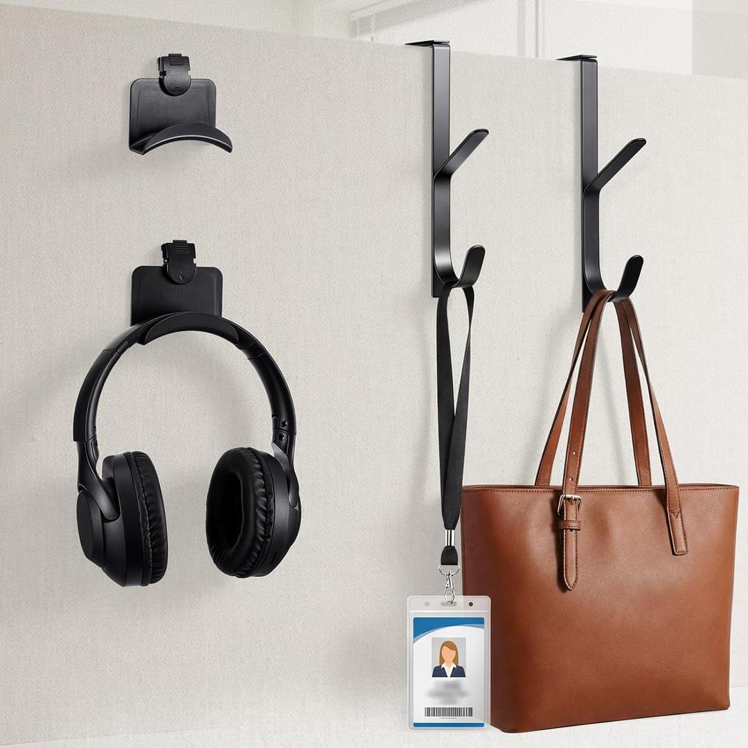 Geelin 4 Pcs Cubicle Accessories Set Include 2 Adjustable Double Cubicle Hooks 2 Fabric Wall Headphone Stands for Office Space-Saving Hanger Set