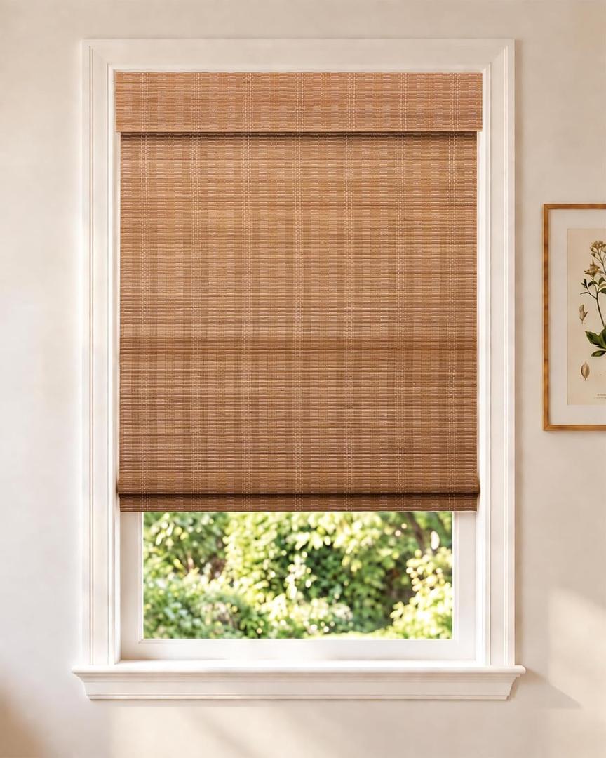 Cordless Bamboo Roman Shade, Light Filtering Blinds 38x64, Carbonized