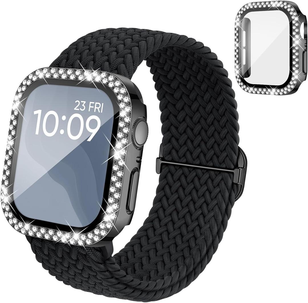 Braided Stretchy Band Compatible for Apple Watch Bands for Women and Case 40mm 41mm 42mm 44mm 45mm 46mm, Solace Solo Loop Bling Diamond Screen Protector Cover for iWatch Series 11 10 9 8 7 SE 6 5 4 (Black)