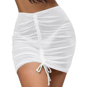 Swimsuit Coverup for Women Drawstring Ruched Sheer Swim Skirt Beach Mesh Bathing Suit Cover Ups Sexy Bikini Cover Up Small