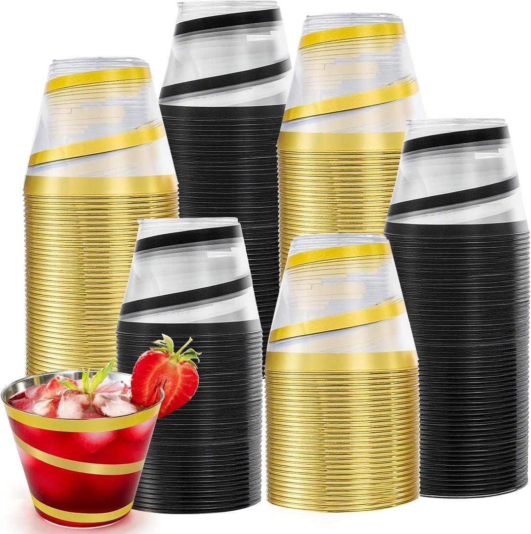 100 Pack 9 OZ Clear Plastic Cups with Gold Rim, Disposable Rimmed Swirl Cocktail Party Cup, Heavy Duty Elegant Wine Glasses, Drinking Tumbler for Weeding Christmas Single Party (Black, Gold)