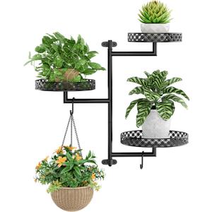 OVICAR Rotating Window Plant Shelves - Indoor Wall Plant Stand 3-Tier Floral Metal Window Shelf Holder for Multiple Plants with Hanging Hooks Home Decor Black