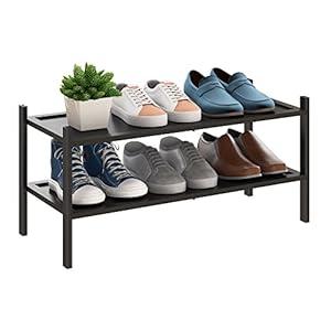 BMOSU 3-Tier Bamboo Small Shoe Rack Premium Stackable Shoe Shelf Storage Organizer for Hallway Closet Living Room Entryway Organizer(Black)