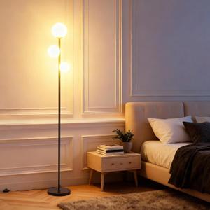 Fiqevs 3 Globe Mid Century Modern Floor Lamp, 3 x 800LM LED Bulbs Included, Matt Black Standing Lamp with Sphere Frosted Glass Shade, Vintage Retro Tall Pole Lamp for Living Room, Bedroom Office