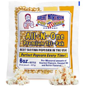 Case of 12 Popcorn Packs - All-In-One Kit with 6-Ounces of Pre-Measured Kernels, Salt, and Oil Packets for Popcorn Machines by Great Northern Popcorn, Best By: 08/07/2027