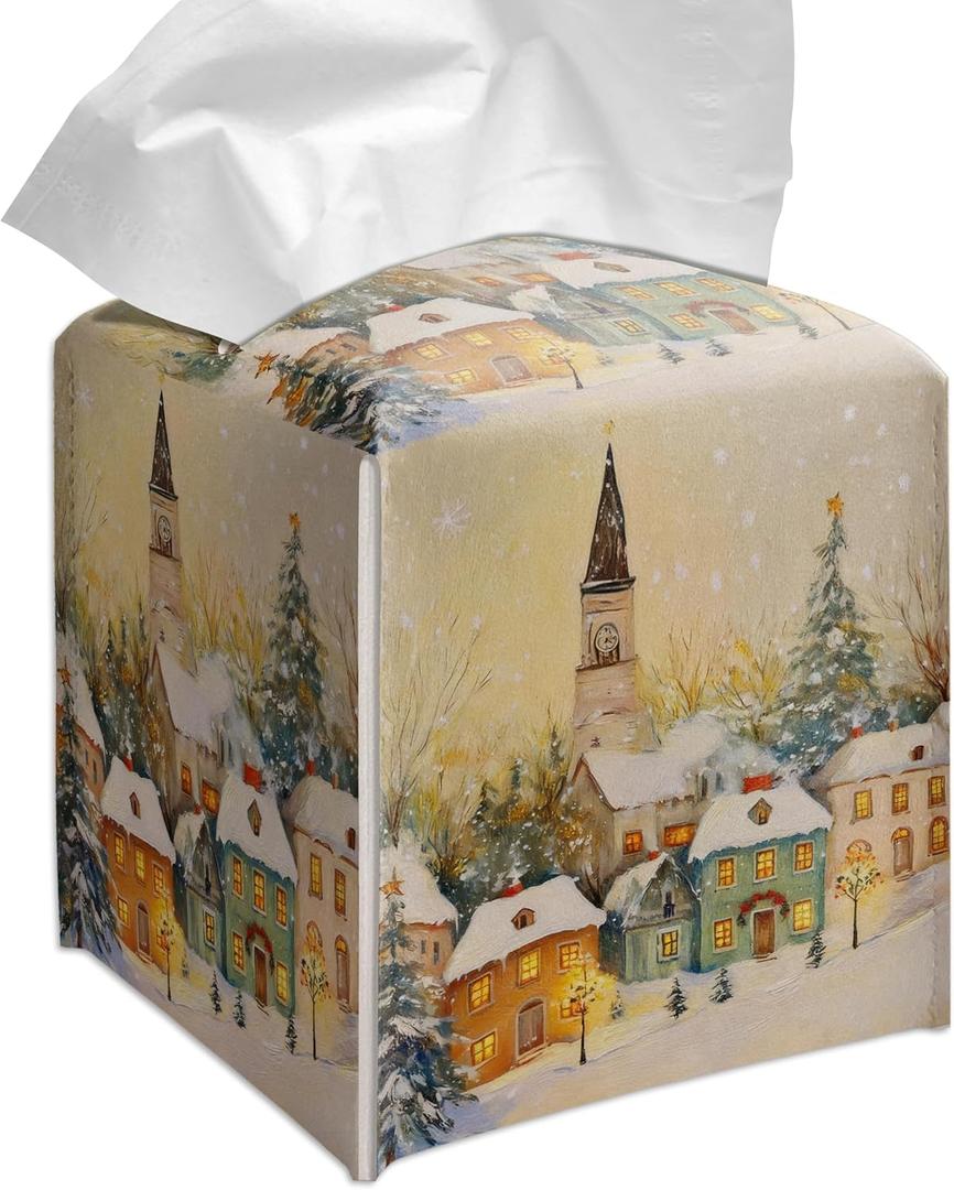 Grace Yonks Christmas Tissue Box Cover Square, Church and Village Lights Design Cube Case for Facial Tissues, 5.2" PU Leather. (090)