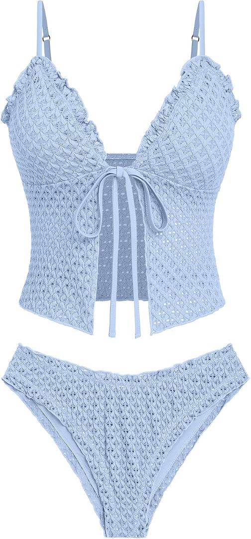 seamoly Women's Tankini Sets Tie Front Ruffle Bikini Set High Cut Thong Two Piece Swimsuit Floral Gingham Bathing Suit (Blue, L)