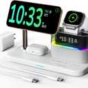 Compatible with Qi2 Certified Wireless Charging Station with Alarm Clock and Night Light,15W Fast 5 in 1 Mag-Safe Charger Stand for iPhone 16 15 14 13 12 Pro Max,Apple Watch,Air-Pods(White)