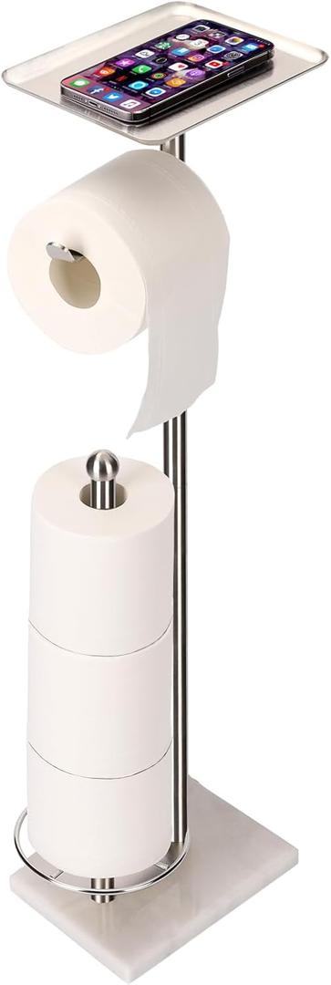 Toilet Paper Holder with Tray at The Top, Sturdy Marble Base No Wobby, Holding Extra 3 Toilet Paper Rolls As Spare Use, Freestanding No Drilling (Brushed Nickel)