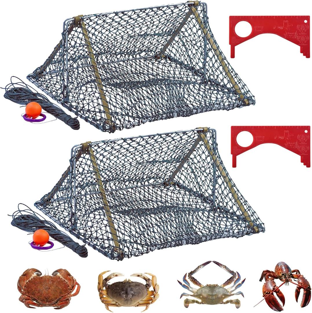 Crab Trap, Foldable Crab Trap cage, Fishing Traps Nets for Dungeness, Rock and Blue Crab (Triangle Traps + Crab Measuring Ruler +Signal Sphere)