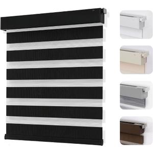 Joydeco No Drill Zebra Blinds for Windows, Cordless Day & Night Dual Sheer Roller Shades, Easy Installation, Free-Stop Lift System, Light Filtering Privacy Blinds for Home(Black,35" W x 75" H)