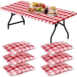 Boao 6 Pcs Picnic Table Cover 72 x 30 Inch for 6 ft Tables Disposable Parties Plastic Table Cloths with Elastic Fitted Elastic Desk Cover Rectangle Waterproof for Indoor, Outdoor, Picnic, Camping