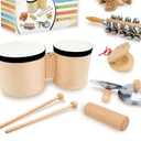 Toddler Drum Set & Musical Instruments for Toddlers – Montessori Wooden Percussion Instrument Set with Bongo Drum, Jingle Bells, Cymbals, Castanet & Guiro | Ages 3+