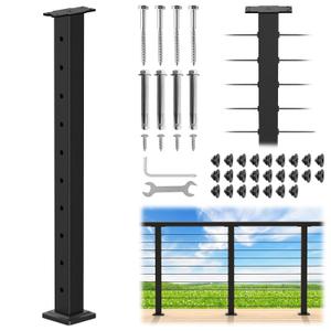 CKE 36" Level Drilled Cable Railing Post, Black Cable Railing Post (Post 35"x2"x2") for Deck Railing, Stainless Steel Flat Top Surface Level Line Post with Cable Grommets for Indoor Outdoor, LP02