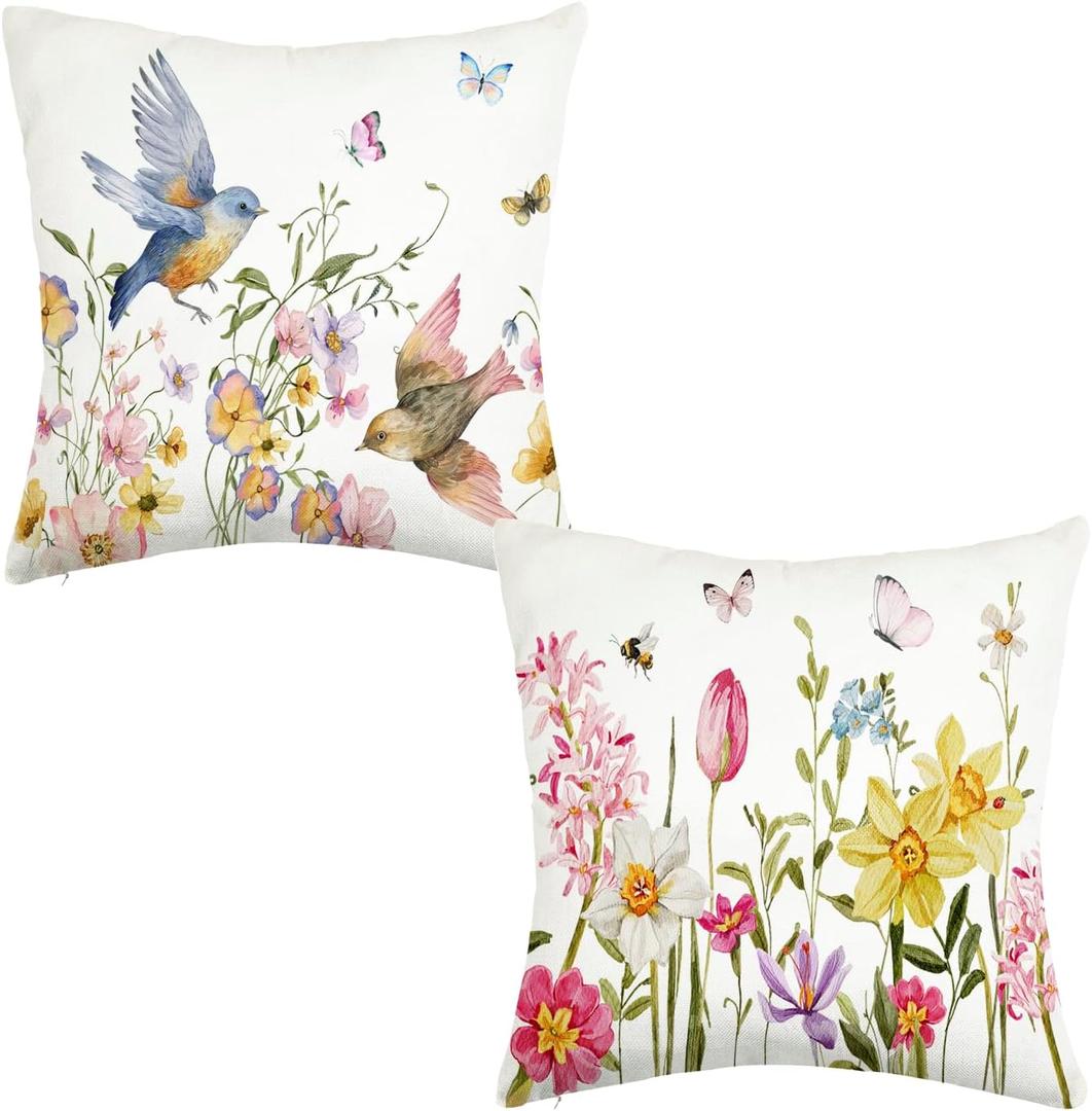 Spring Pillow Covers 18x18 Inch Set of 2 Summer Floral Flower Bird Butterfly Outdoor Throw Cushion Case Decorations for Home Porch Sofa Couch