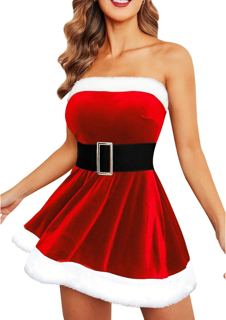 Avidlove Christmas Dress Santa Clause Outfit Mini Dress Casual Swing Dress with Santa Belt M