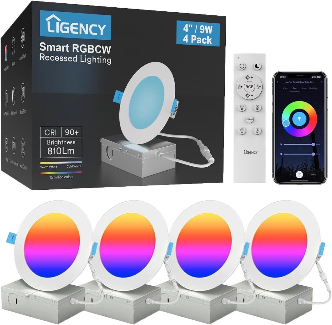 Ligency 4-Pack 4 Inch Smart Recessed Lighting, 9W 810LM Ultra-Thin Canless LED Downlight, RGBW Color Changing Wi-Fi Ceiling Light with Junction Box, Alexa/Google App Control - No Housing Required