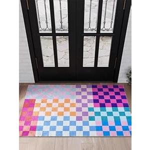 Multicolored Checkerboard Bathroom Rug 2x3 Small Area Rugs Non Slip, Ultra Thin Washable Entryway Rug Indoor Doormat, Boho Aesthetic Retro Throw Rugs for Kitchen Bedroom Laundry