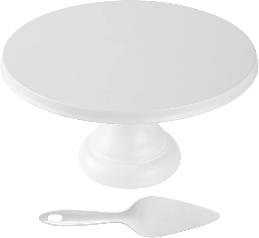 Round Cake Stand 9.84 Inch with Spatula, White Cupcake Stand Bamboo Fiber, Dessert Display Plates for Snacks, Cookies, Candy Dish for Birthday Parties, Weddings, Baby Shower and Other Events (White-9.84inch)