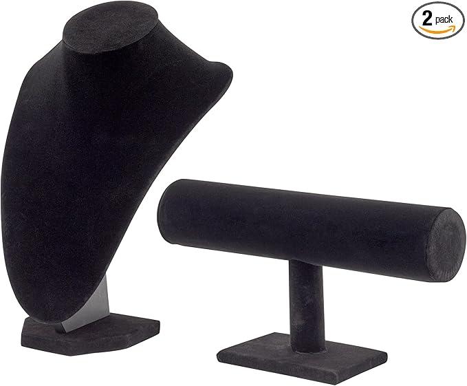 Juvale Necklace Display Stand & Bust Set - 2-Piece, Black Velvet, Modern Freestanding - Necklace Holder Stand & Bracelet Holder Display - Jewelry Showcase for Vendors & Photography