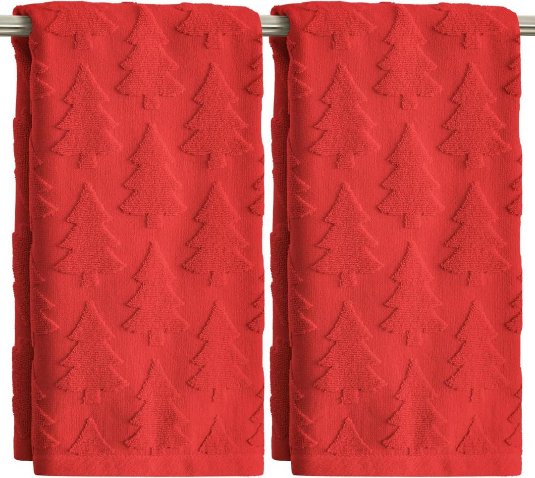 Artoid Mode 2 Pcs Red 3D Xmas Tree Jacquard Christmas Hand Towels for Bathroom, 100% Cotton Soft Absorbent Bathroom Decor Towels, 13.7 x 29.5 Inch