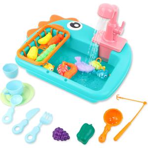 Ruibytree Play Kitchen Sink Toy, Water Toys for Kids with Electronic Dishwasher, Pretend Play Utensils Accessories and Play Cutting Food for Boys and Girls (dinosaur)