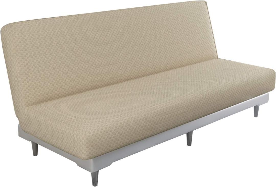 MAXIJIN Jacquard Futon Cover Stretch Armless Futon Sofa Cover Soft Futon Slipcover with Elastic Bottom Thick Sofa Bed Furniture Protector Covers, Machine Washable (Khaki)