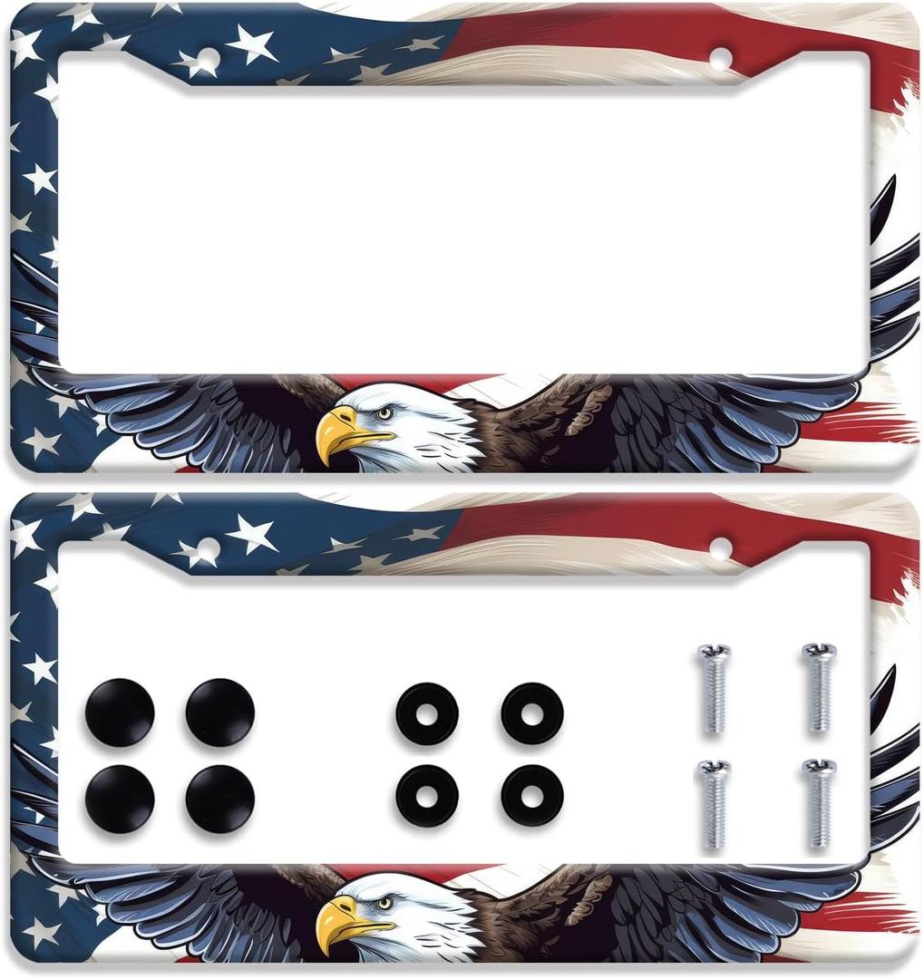 2Pcs American Flag Eagle License Plate Frame Patriotic Eagle License Plate Colorful Stainless Steel Auto Parts Funny License Plate Decoration with Screws Size 12.3 "x 6.3"