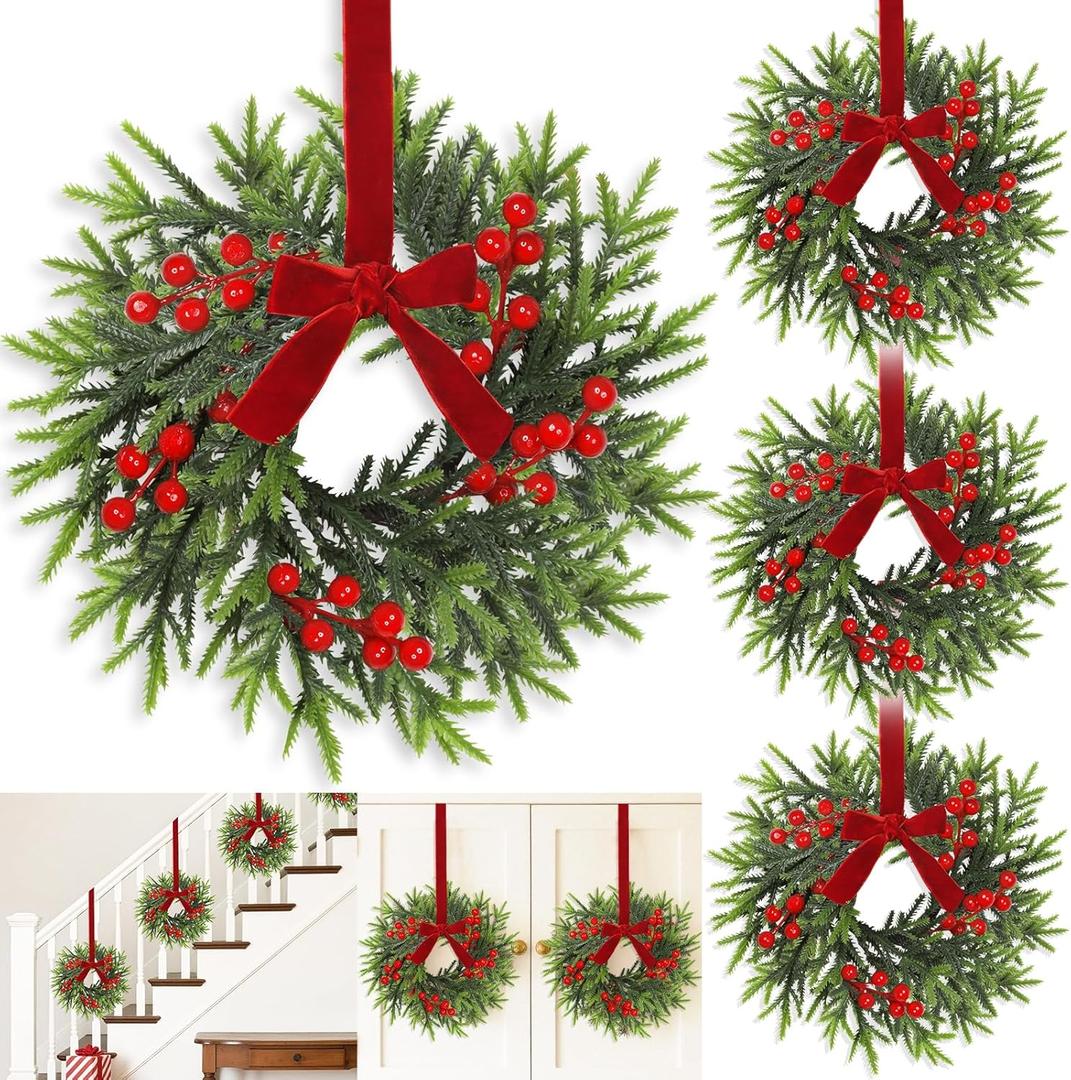 4 Pcs Mini Christmas Wreath for Cabinets Kitchen, 11 Inch Hanging Small Christmas Wreaths with Red Bows Cedar Branchs Red Berry Clusters for Kitchen Cabinet Fireplace Window Front Door Wall Decor