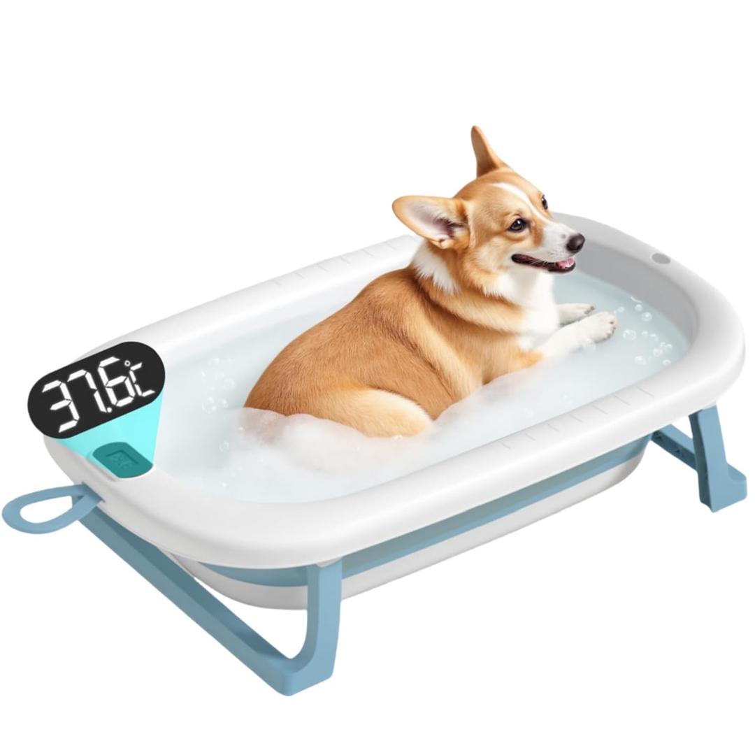 Collapsible Pet Bathtub with Water Drain Plug,Real-Time Temperature Monitoring Foldable Dog Pet Bathtub for Puppy Small Medium Dogs Cats,Dog Bath Tub for Bathing, Shower and Grooming,Blue
