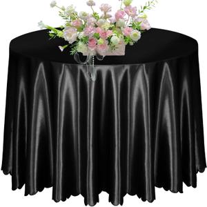 KKJIAF 1 Pack 108 Inch Round Table Cloth, Black Overlay Round Satin Table Cover, Silky Satin Dining Tablecloths for Wedding Buffet Parties Banquet Decoration