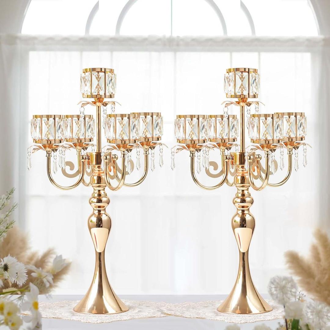 2Pcs Gold 5-Arm Crystal Pendant Metal Candle Holder with Square Crystal Bowl, 22-Inch Tall Wedding Table Centerpiece for Holiday Party Events, Christmas, Birthday Decorations