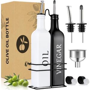 Vakoo Oil and Vinegar Dispenser Set - 17oz/500ml, Extra Thick Glass, Leak-Proof, Olive Oil Dispenser Bottle for Kitchen (White Black)