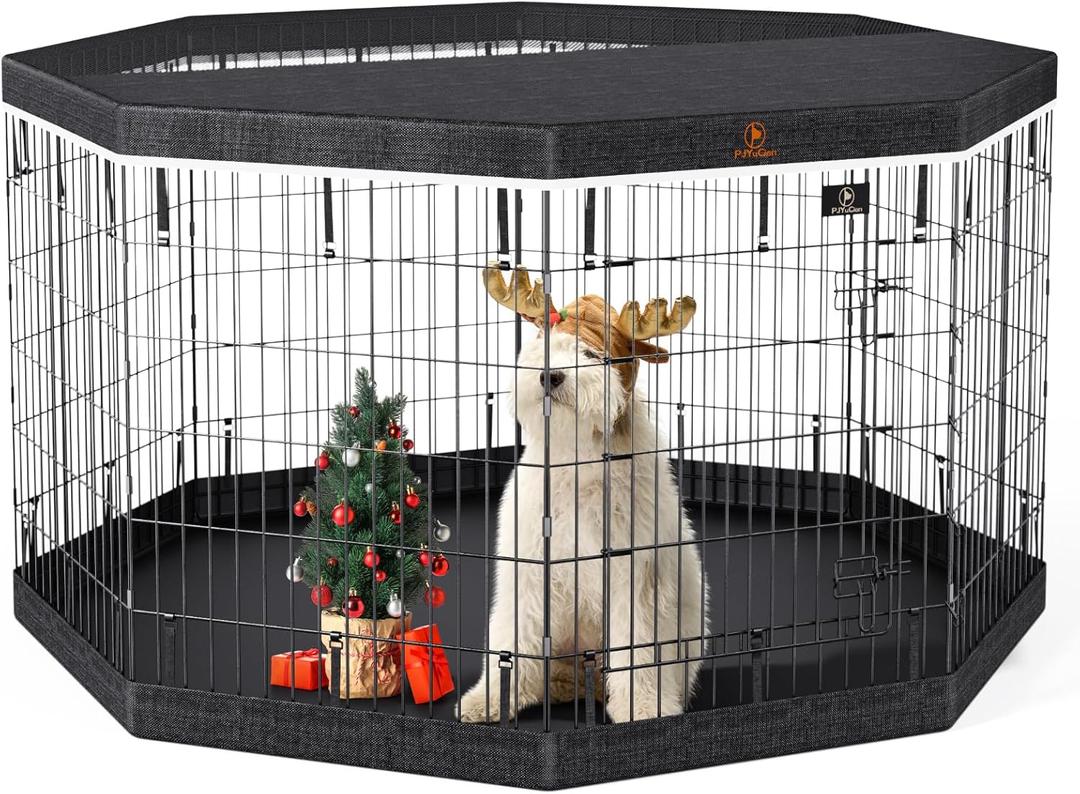 PJYuCien Dog Playpen, 8 Panels 36H Dog Pens Indoor with Bottom Pad and Top Cover, Metal Foldable Pet Puppy Exercise Fence Crate Kennel, Better for Medium Animals,Black