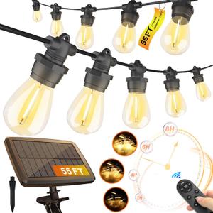 Stright 55FT Solar String Lights Outside Remote Control with USB Charging Port E12 S14 Bulbs, 55 Feet 17 Lamp Outdoor Solar Power Dimmable LED Bulbs for Patio Garden Market Bistro Backyard
