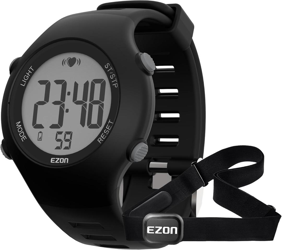 EZON Heart Rate Monitor Chest Strap and Digital Watch,5ATM Waterproof Fitness Tracker with HRM,Calories Burned,Stopwatch and Hourly Chime - Ideal Fitness Presents for Men and Women (Black)